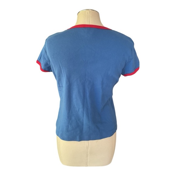 Y2K No Boundaries “Cheer Hottie 02” Tee Juniors L Blue Ringer Shirt Red Trim 100 - Picture 2 of 5